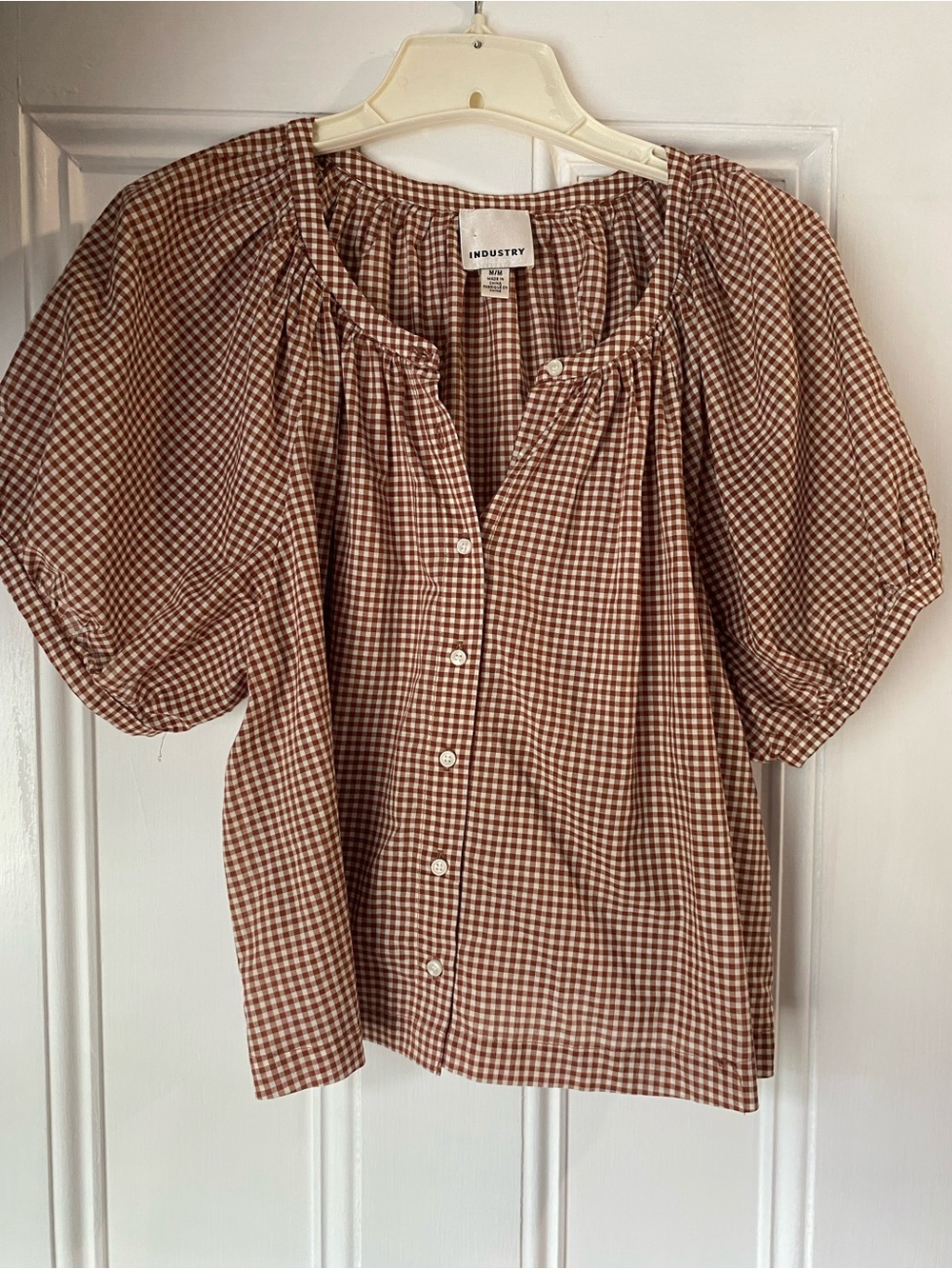 Industry Brown Gingham Puff-Sleeve Button Front Top great condition size M